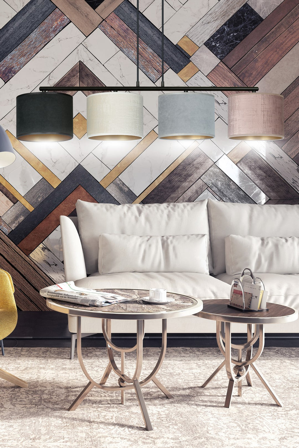 Hanglamp gepoedercoat staal met stoffen kappen Hilde, zwart, grijs, roze, 4 lichts, 97 x 100 cm