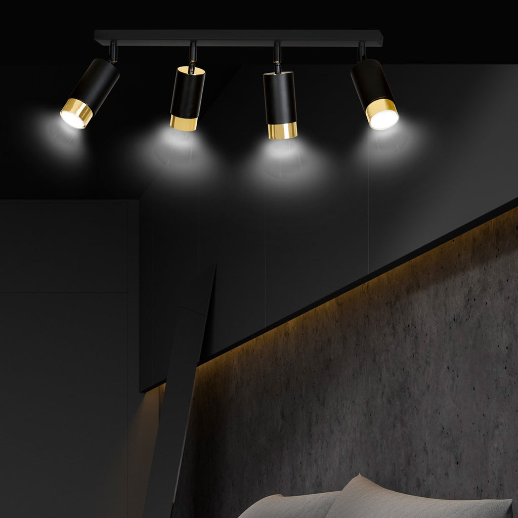 Plafondlamp gepoedercoat staal Hiro zwart en goud, 4 verstelbare spots – 60 cm breed