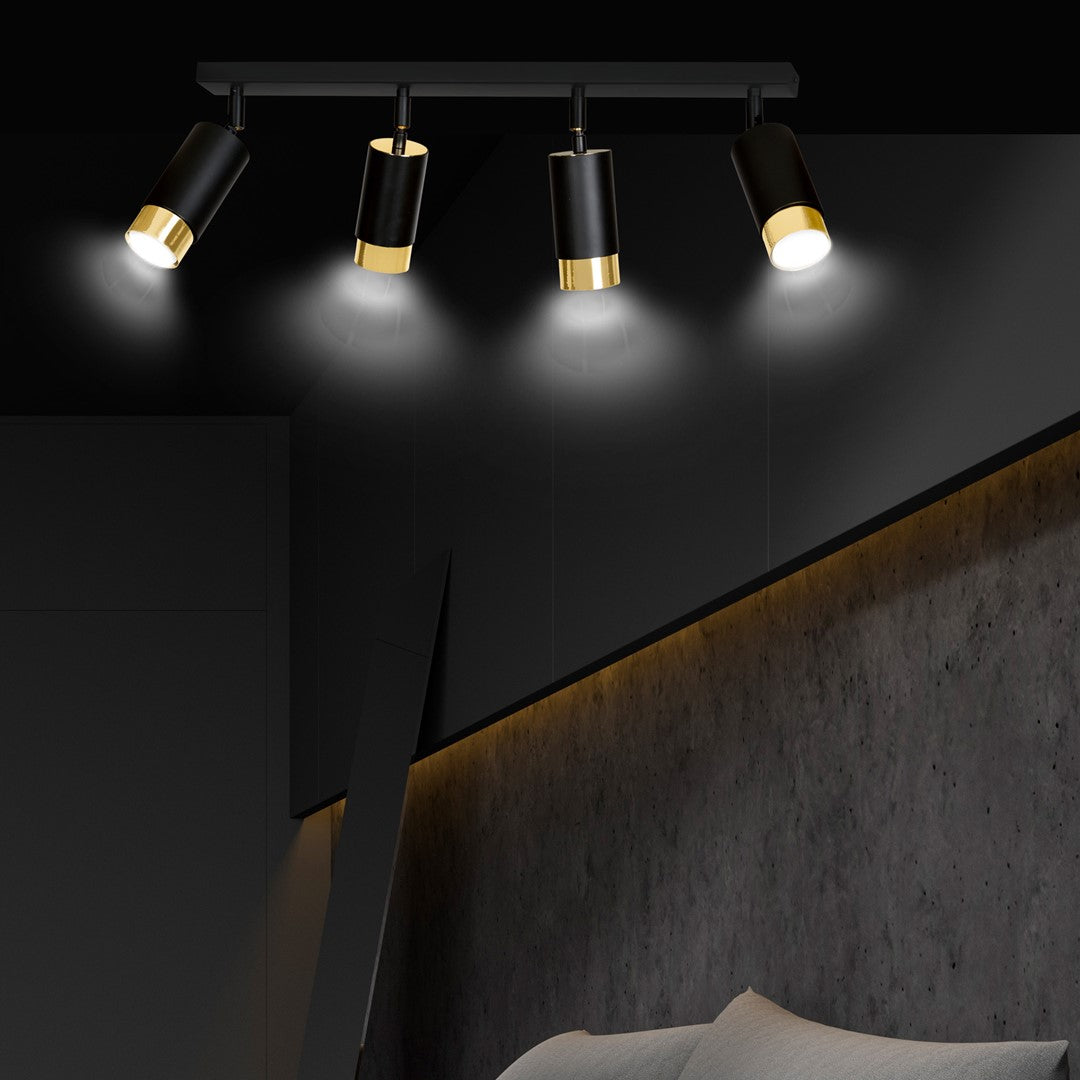 Plafondlamp gepoedercoat staal Hiro zwart en goud, 4 verstelbare spots – 60 cm breed