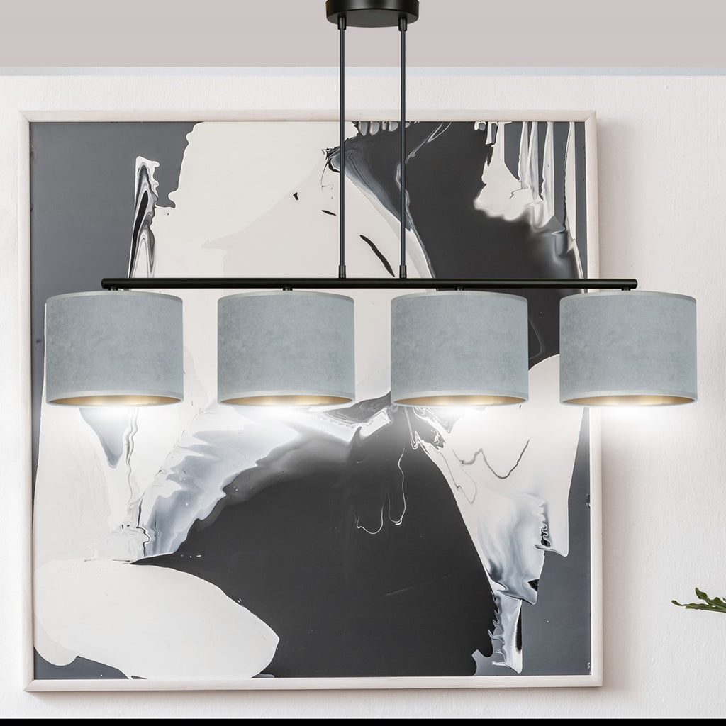 Hanglamp gepoedercoat staal en stof Hilde, grijs met zwart frame, 4 kappen Ø 20 cm – 97 x 100 cm