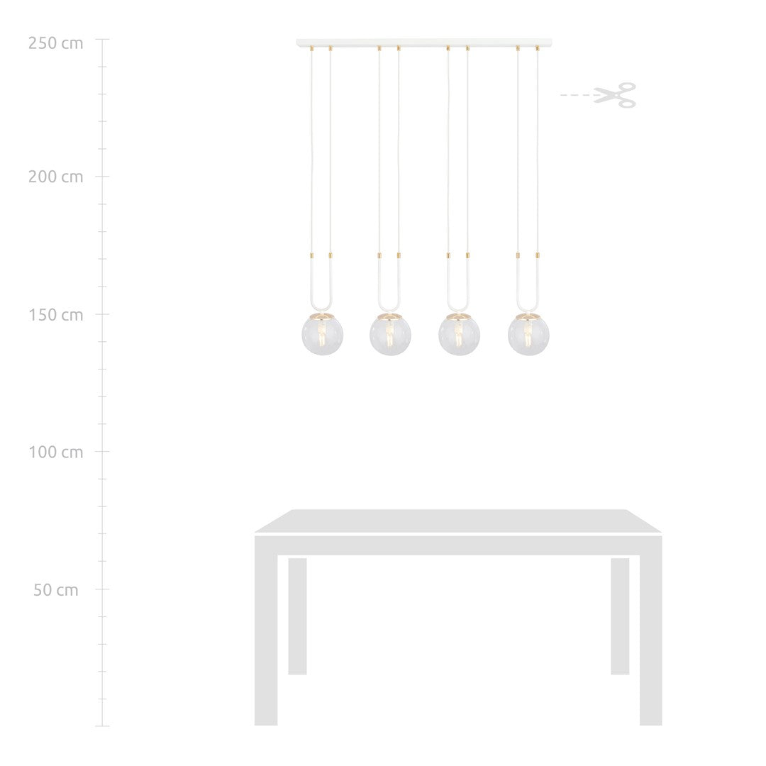 Hanglamp 4 lichts gepoedercoat staal en glas, retro Glam, wit met transparante kappen, 92 x 115 cm