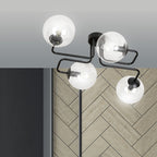 Plafondlamp gepoedercoat staal en glas Brendi 4 lichts, zwart met transparante glazen kappen, 55 x 32 cm