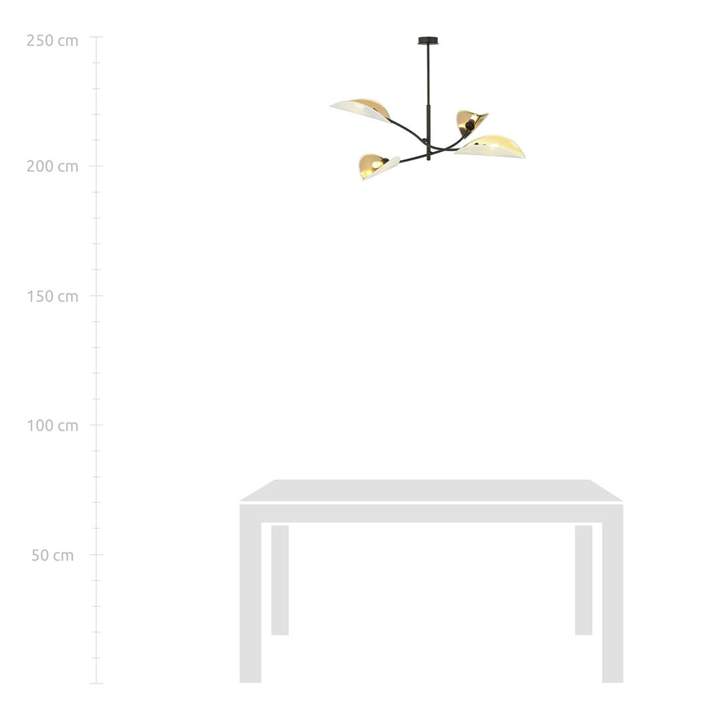 Plafondlamp Lotus gepoedercoat staal met stoffen kappen, zwart, wit en goud, 4 lichts, 102 x 51 cm, woonkamer