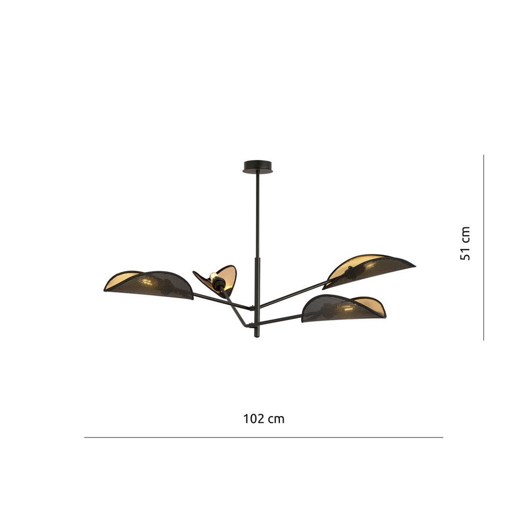 Plafondlamp gepoedercoat staal Vene zwart goud, 4 lichts, 102 x 51 cm, woonkamer en slaapkamer
