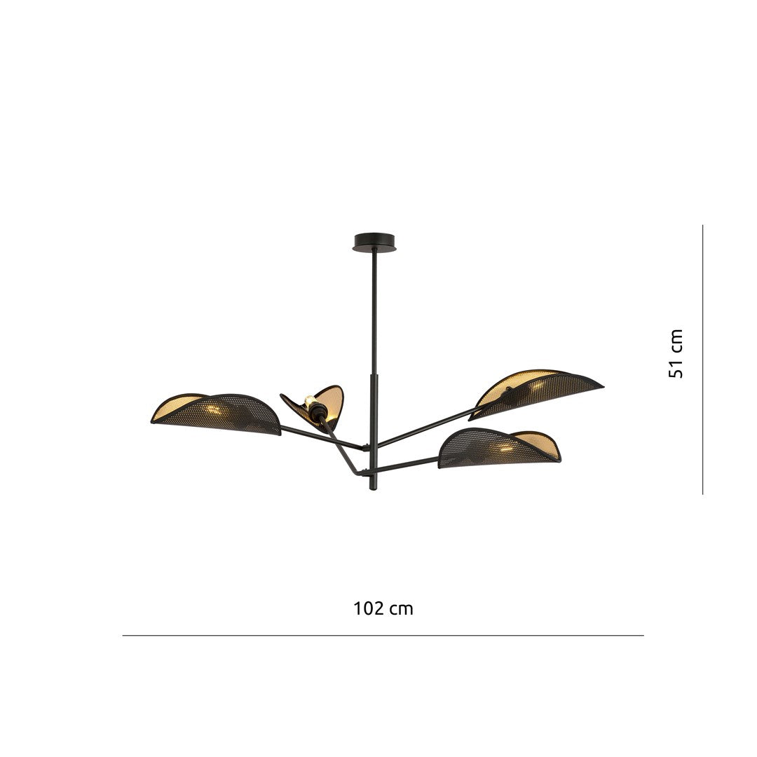 Plafondlamp gepoedercoat staal Vene zwart goud, 4 lichts, 102 x 51 cm, woonkamer en slaapkamer