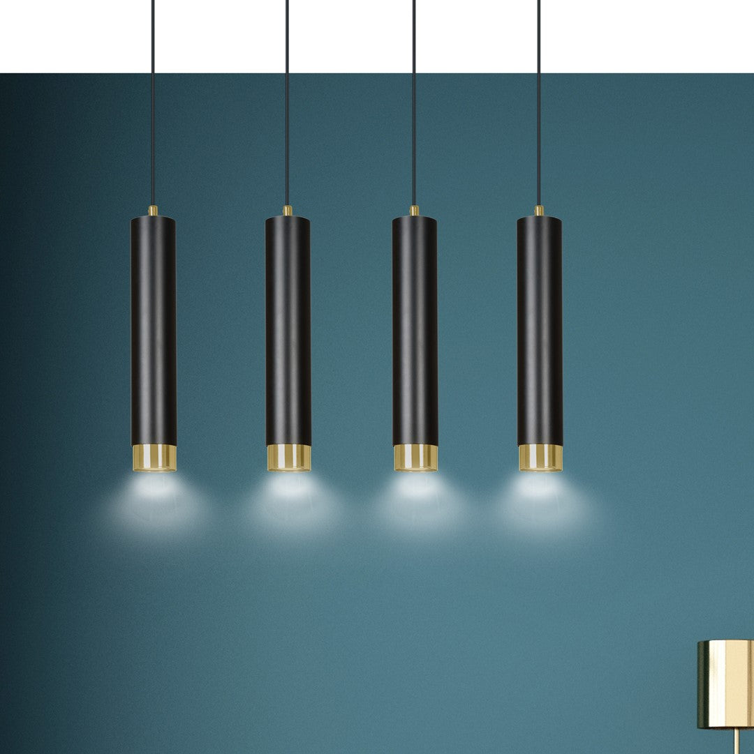 Hanglamp gepoedercoat staal Kibo, modern, zwart met goud, 4 lichts, 60 cm breed, voor woonkamer, keuken en thuiskantoor