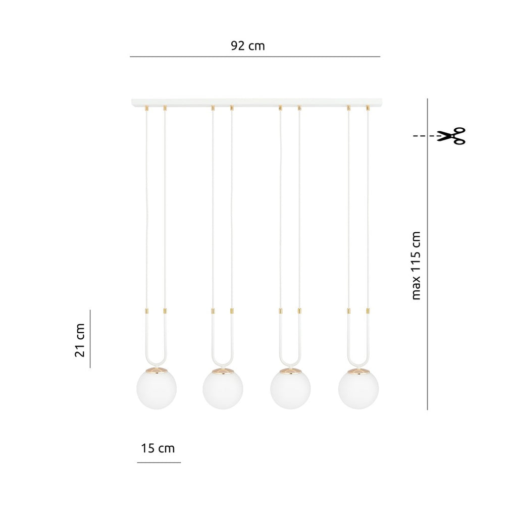 Hanglamp gepoedercoat staal en glas Glam 4 lichts, wit met opaalglas – 92 x 115 cm, eettafel