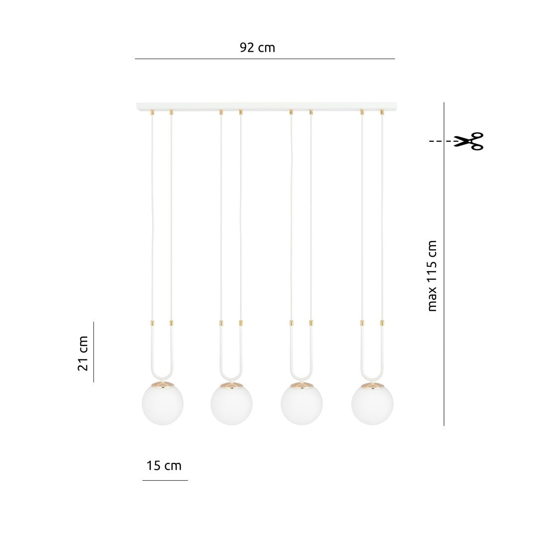 Hanglamp gepoedercoat staal en glas Glam 4 lichts, wit met opaalglas – 92 x 115 cm, eettafel