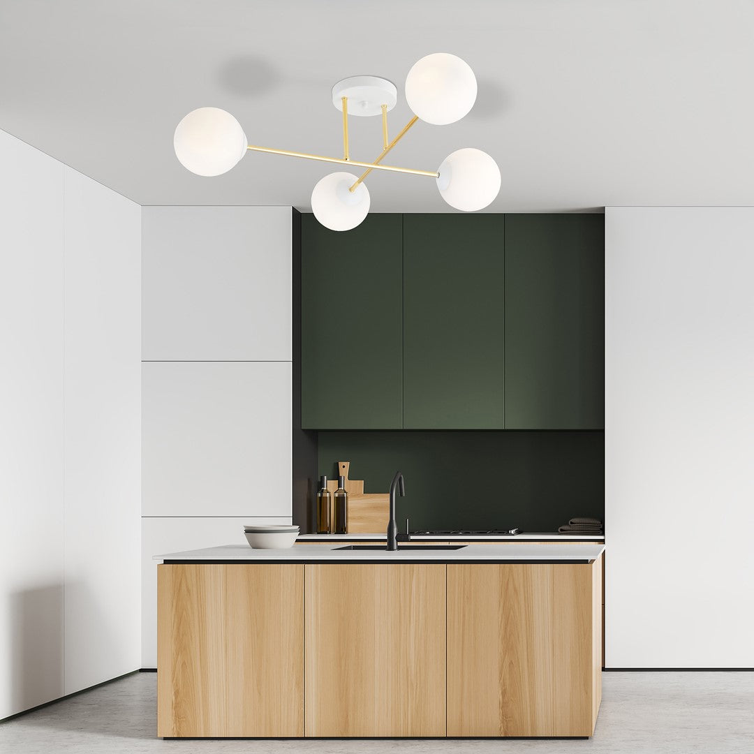 Plafondlamp gepoedercoat staal en glas Magnum, goud en wit, 4 lampen E14, 55 cm breed, woonkamer en eetkamer