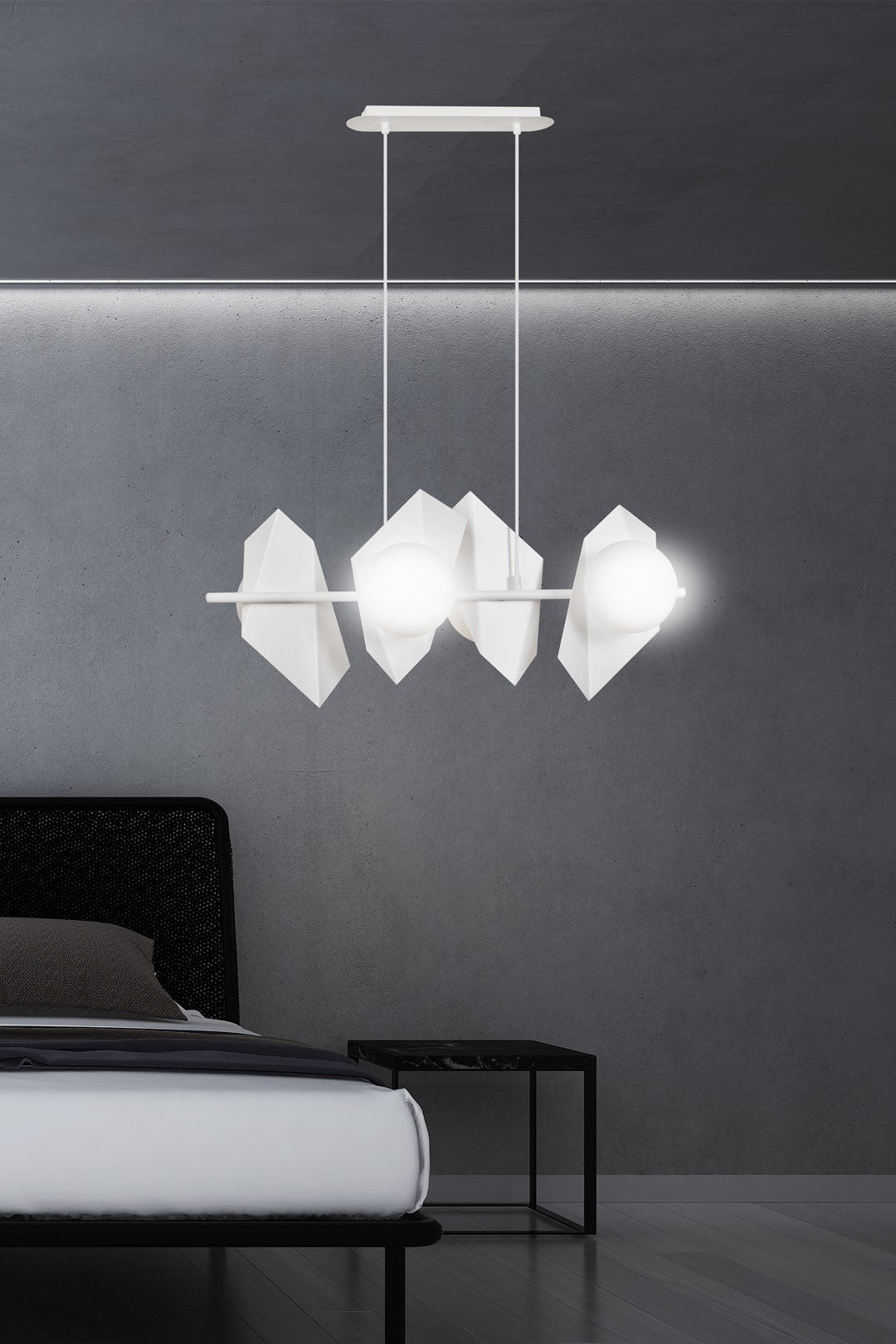 Hanglamp Drifton gepoedercoat staal en glas, wit, 4 fittingen E14, verstelbare hoogte, 90 x 100 cm