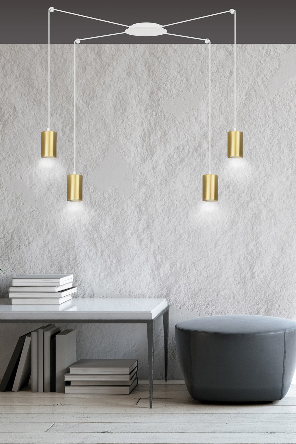 Hanglamp Traker gepoedercoat staal, modern, wit met goud, 4 fittingen, verstelbare hoogte