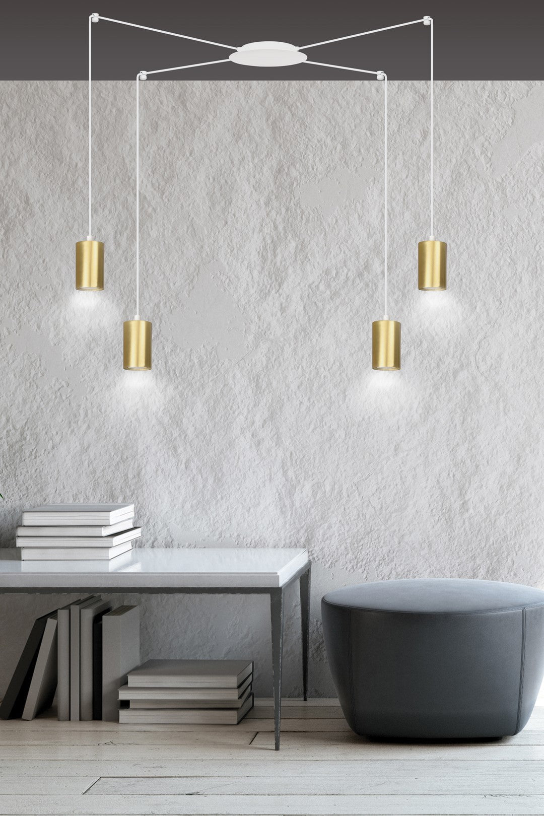 Hanglamp Traker gepoedercoat staal, modern, wit met goud, 4 fittingen, verstelbare hoogte