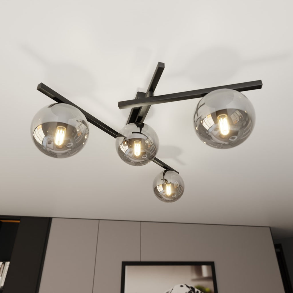 Plafondlamp staal en glas Smart 4 lichts, zwart met grafiet glazen kappen, 63 x 25 cm, E14