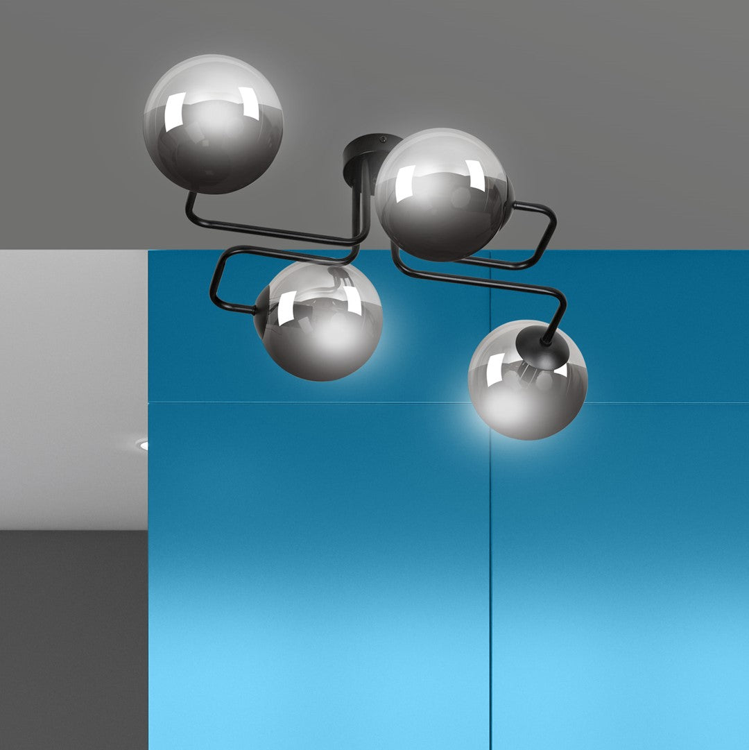 Plafondlamp gepoedercoat staal en glas Brendi, zwart met grafiet glazen kappen, 4 lichts, 55 x 32 cm
