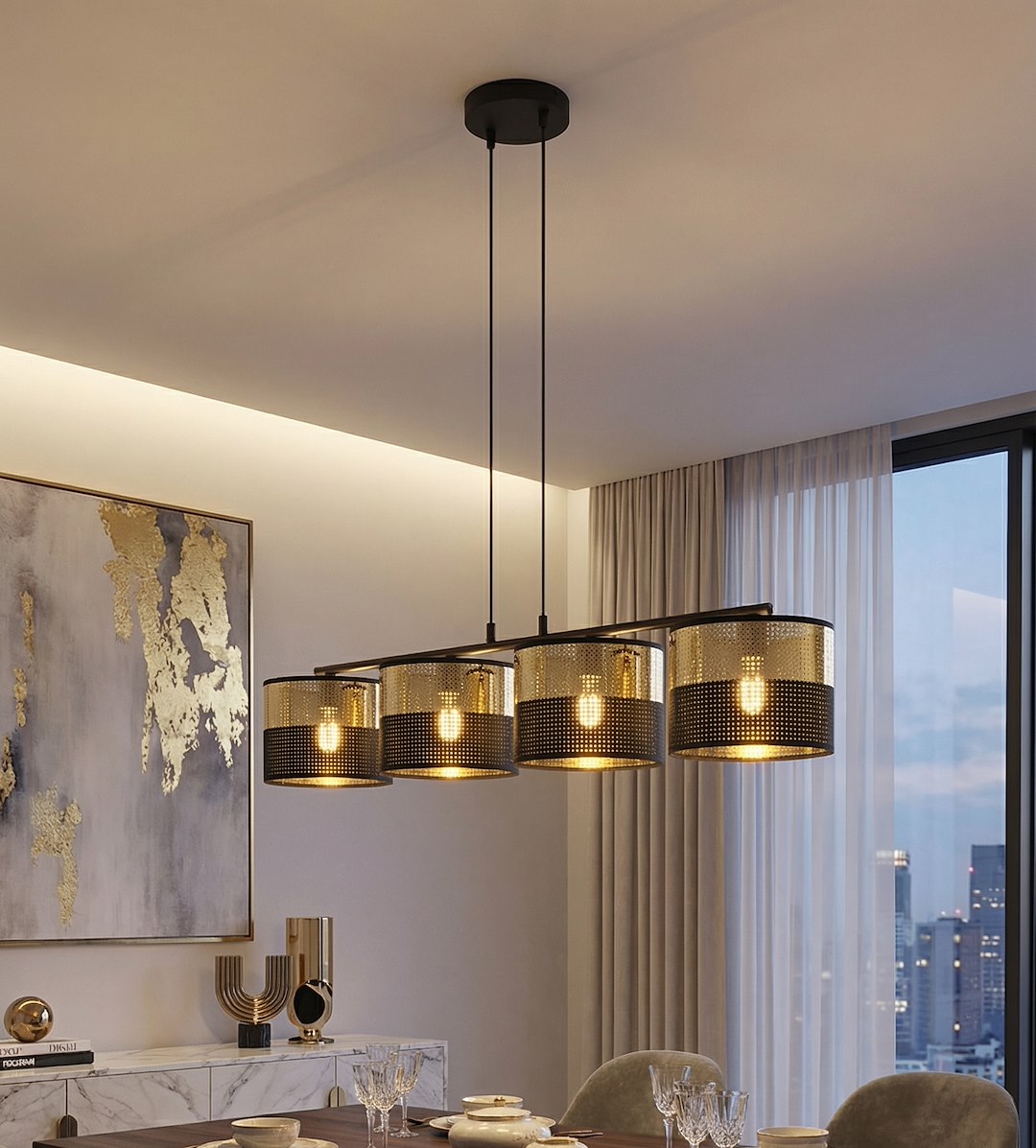 Hanglamp staal modern Lux zwart met goud, 4 lichtpunten, kap Ø 20 cm, breedte 96 cm, boven eettafel of keukeneiland