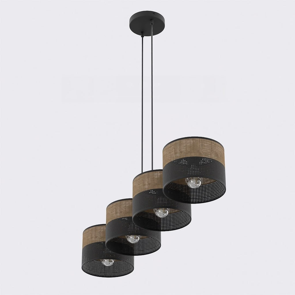 Hanglamp 4 lichts gepoedercoat staal minimalistisch Karbon, zwart met bruine stoffen kappen, 96 cm breed