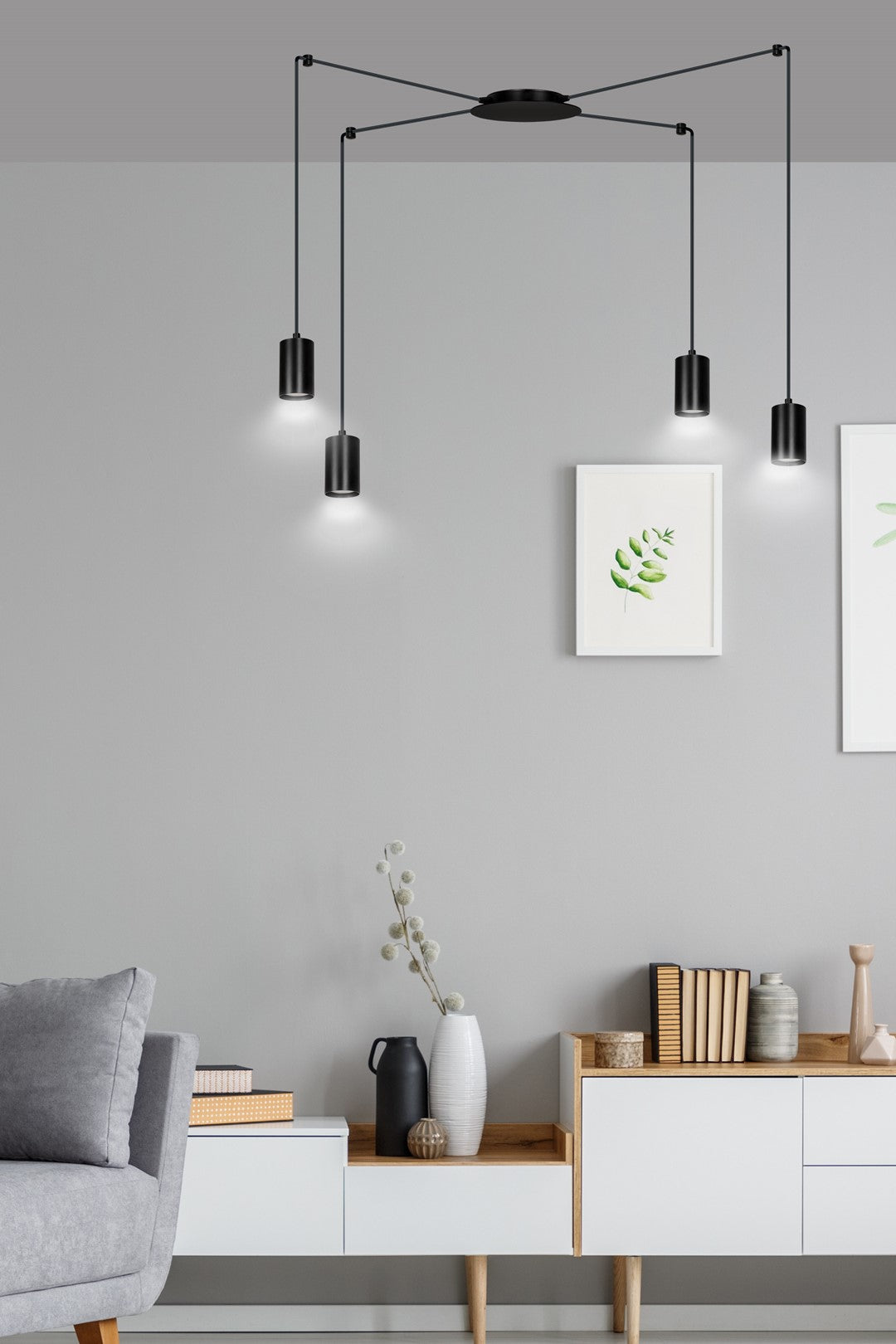 Hanglamp staal modern Traker zwart, 4 lichts, verstelbare hoogte, met 4 fittingen