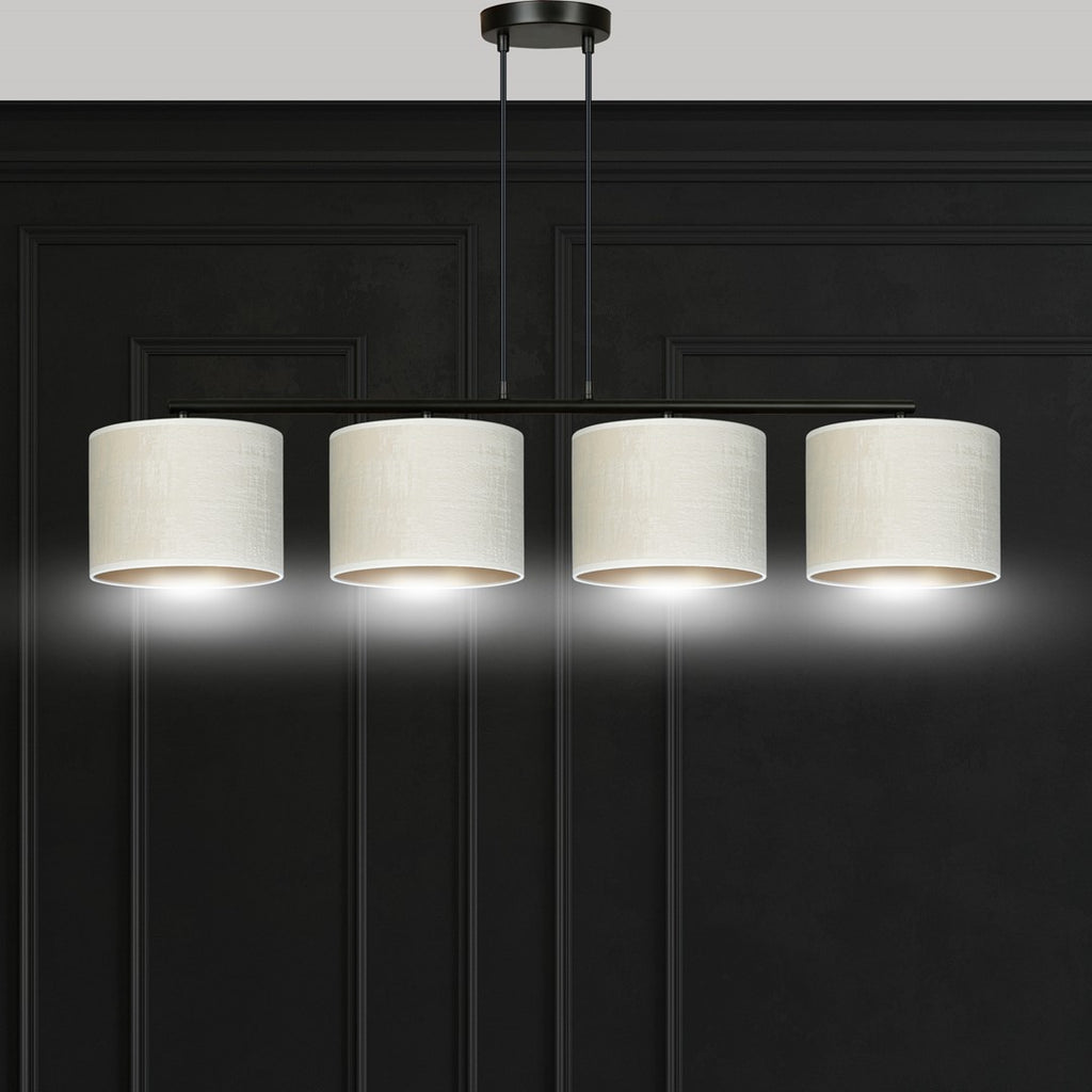 Hanglamp gepoedercoat staal Hilde 4 kappen, wit met goudkleurige binnenzijde, zwart frame, 97 x 100 cm, eetkamer
