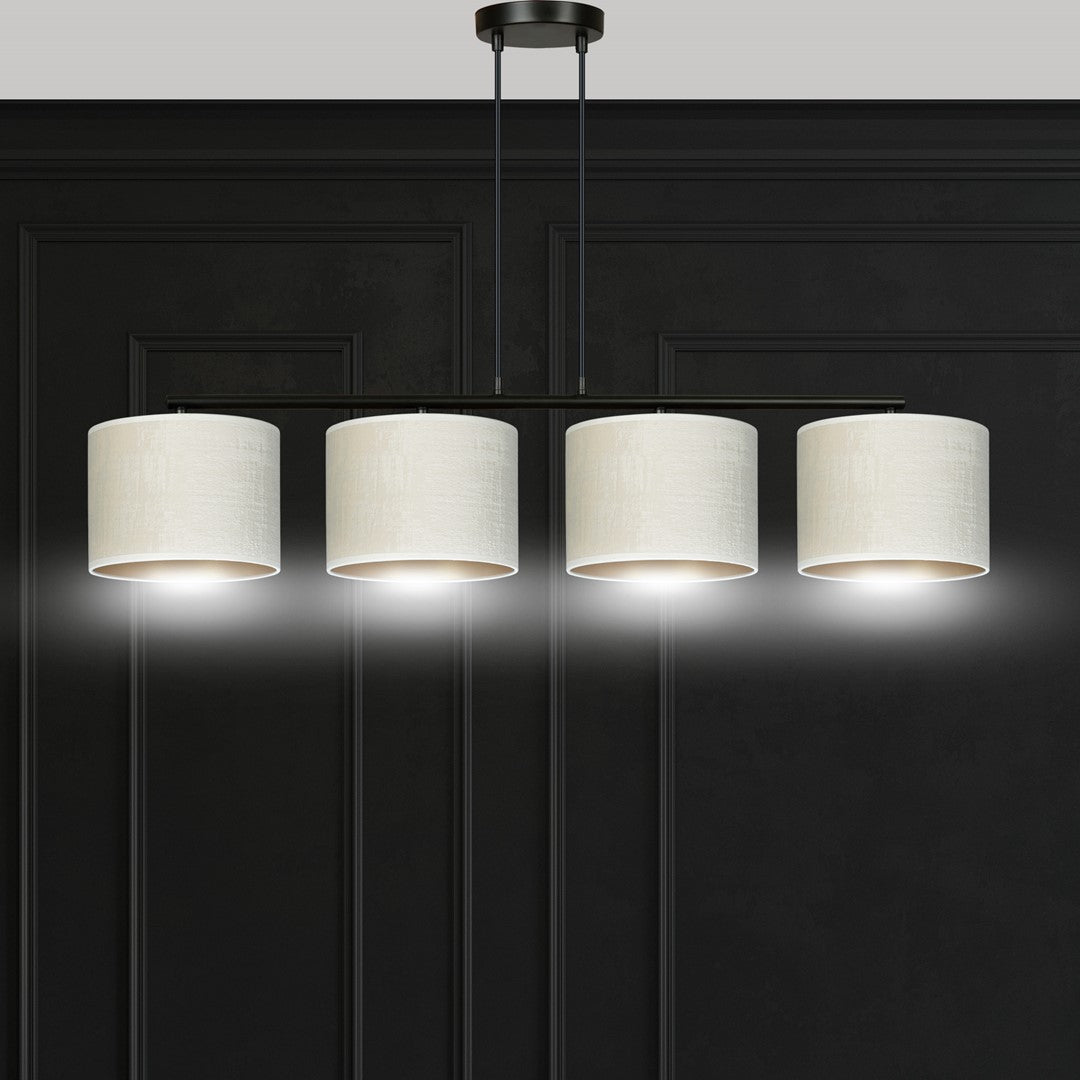 Hanglamp gepoedercoat staal Hilde 4 kappen, wit met goudkleurige binnenzijde, zwart frame, 97 x 100 cm, eetkamer