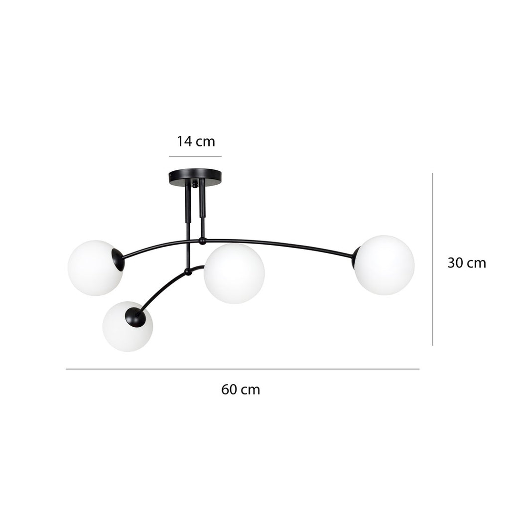 Plafondlamp gepoedercoat staal modern zwart met 4 witte glazen kappen, E14, 60 x 60 x 30 cm, eettafel of keukeneiland