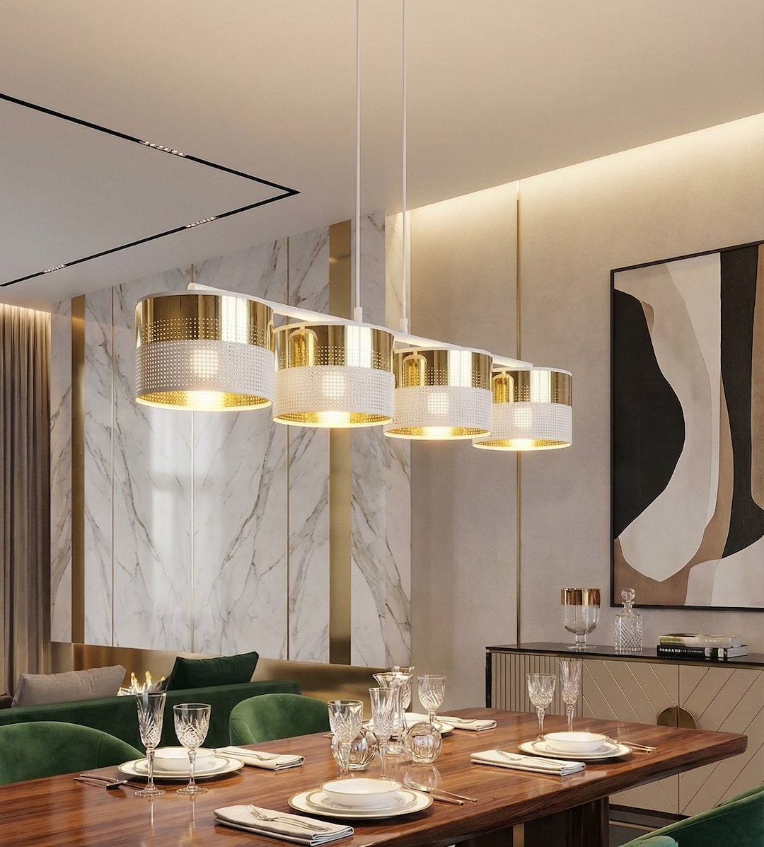 Hanglamp gepoedercoat staal Lux modern wit en goud, 4 fittingen E27, breedte 96 cm, voor eettafel of kookeiland