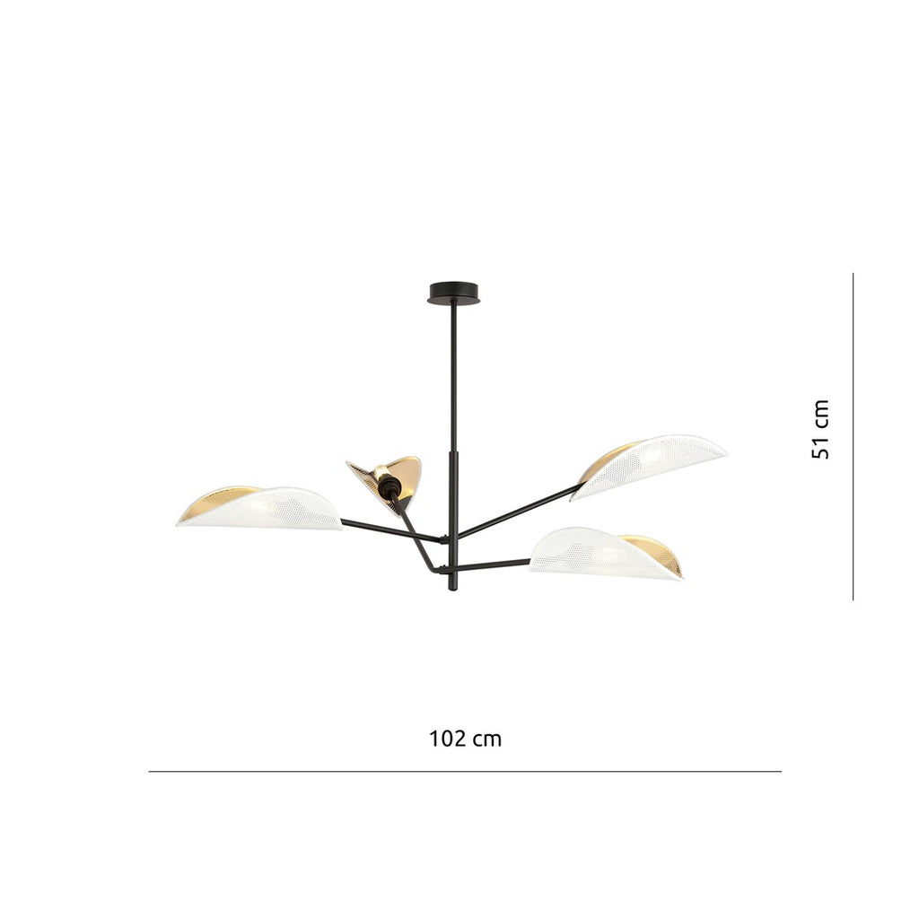 Plafondlamp gepoedercoat staal, modern, Vene zwart met wit en gouden kappen, 4 lichts, 102 x 51 cm, woonkamer en slaapkamer