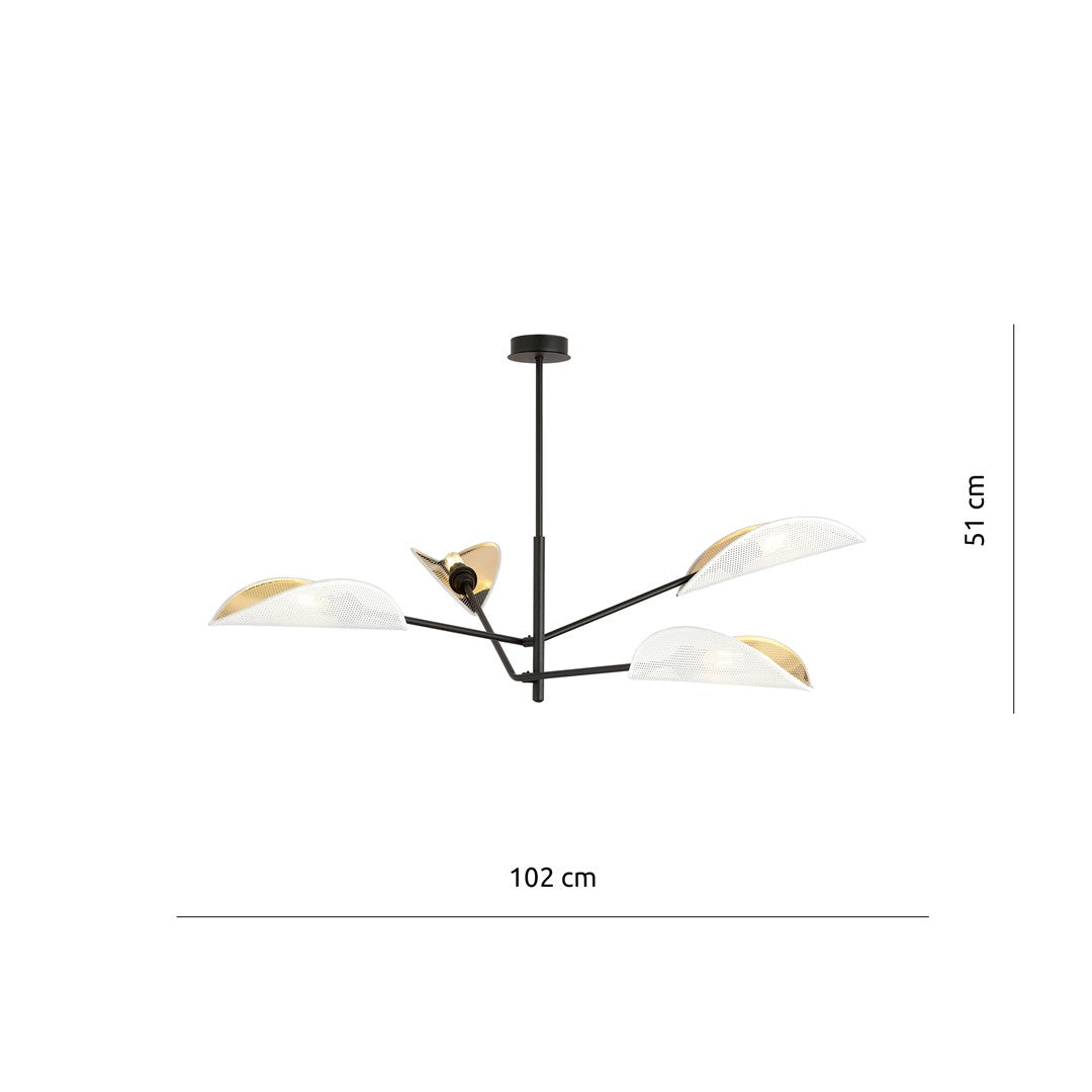 Plafondlamp gepoedercoat staal, modern, Vene zwart met wit en gouden kappen, 4 lichts, 102 x 51 cm, woonkamer en slaapkamer