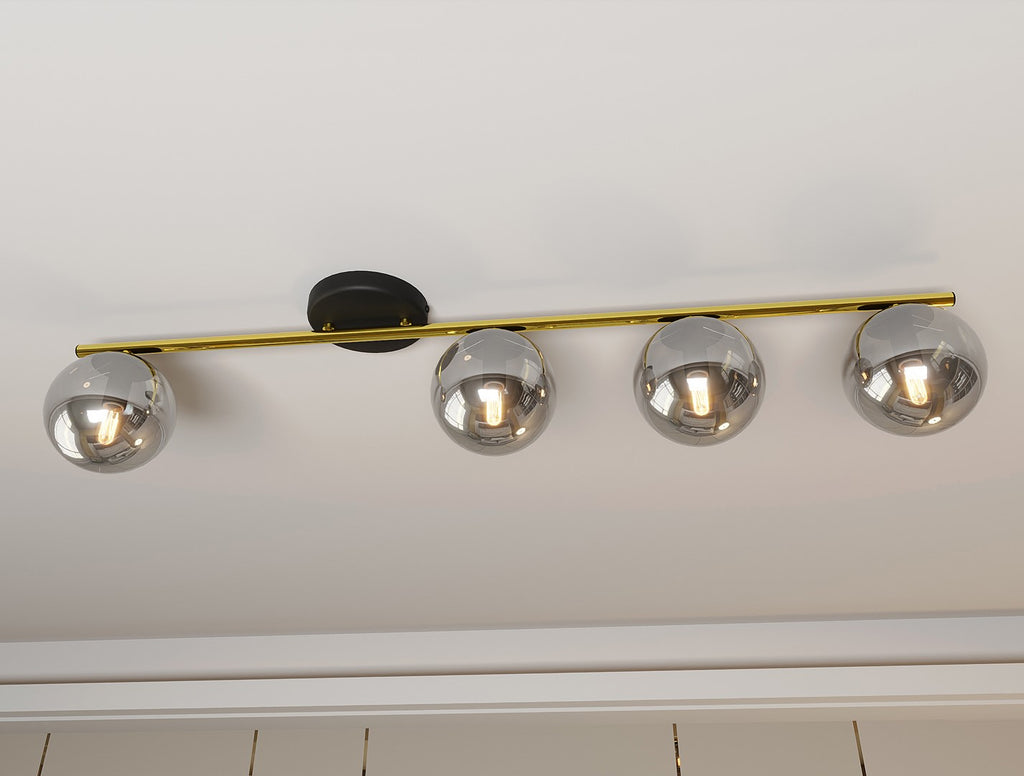 Plafondlamp gepoedercoat staal en glas Monza, zwart en goud met grafiet kappen, 4 lichts, 100 cm breed