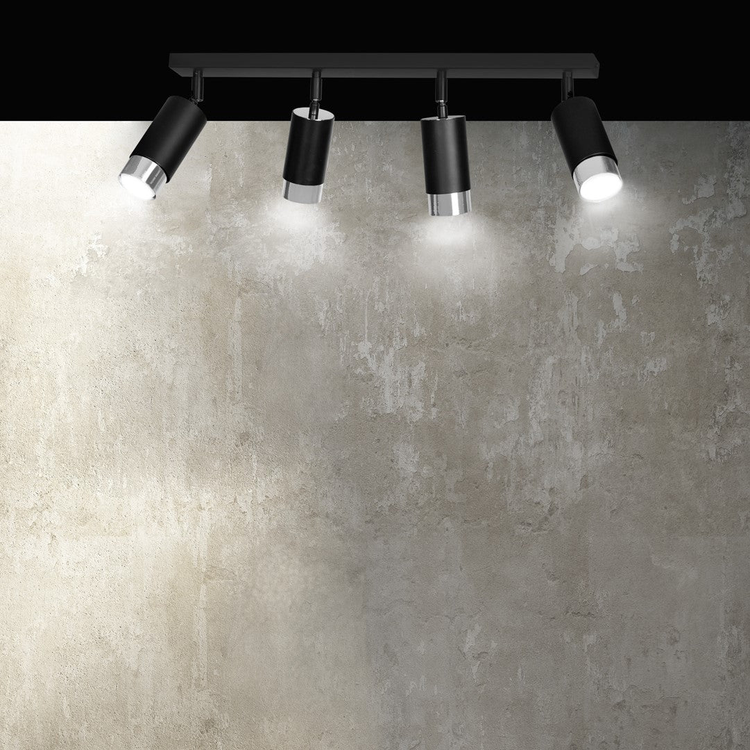 Plafondlamp gepoedercoat staal modern Hiro zwart zilver, 4 verstelbare spots, breedte 60 cm, voor hal en keuken