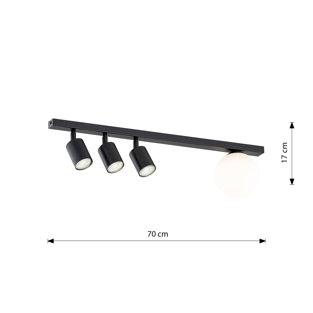 Plafondlamp Baster gepoedercoat staal en glas, modern, zwart met witte glazen kap, 70 cm, 4 lichtpunten