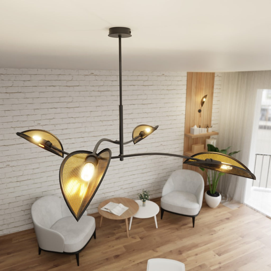 Plafondlamp gepoedercoat staal modern Lotus zwart goud, 4 lichtpunten, 102 x 51 cm, woonkamer en slaapkamer