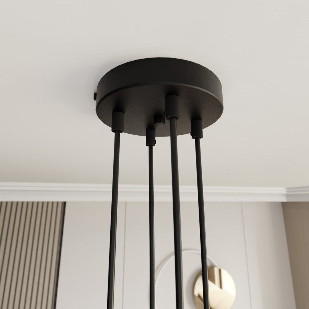 Hanglamp gepoedercoat staal en stof Motief boho, zwart met beige kappen, 4 fittingen E27, 82 x 100 cm