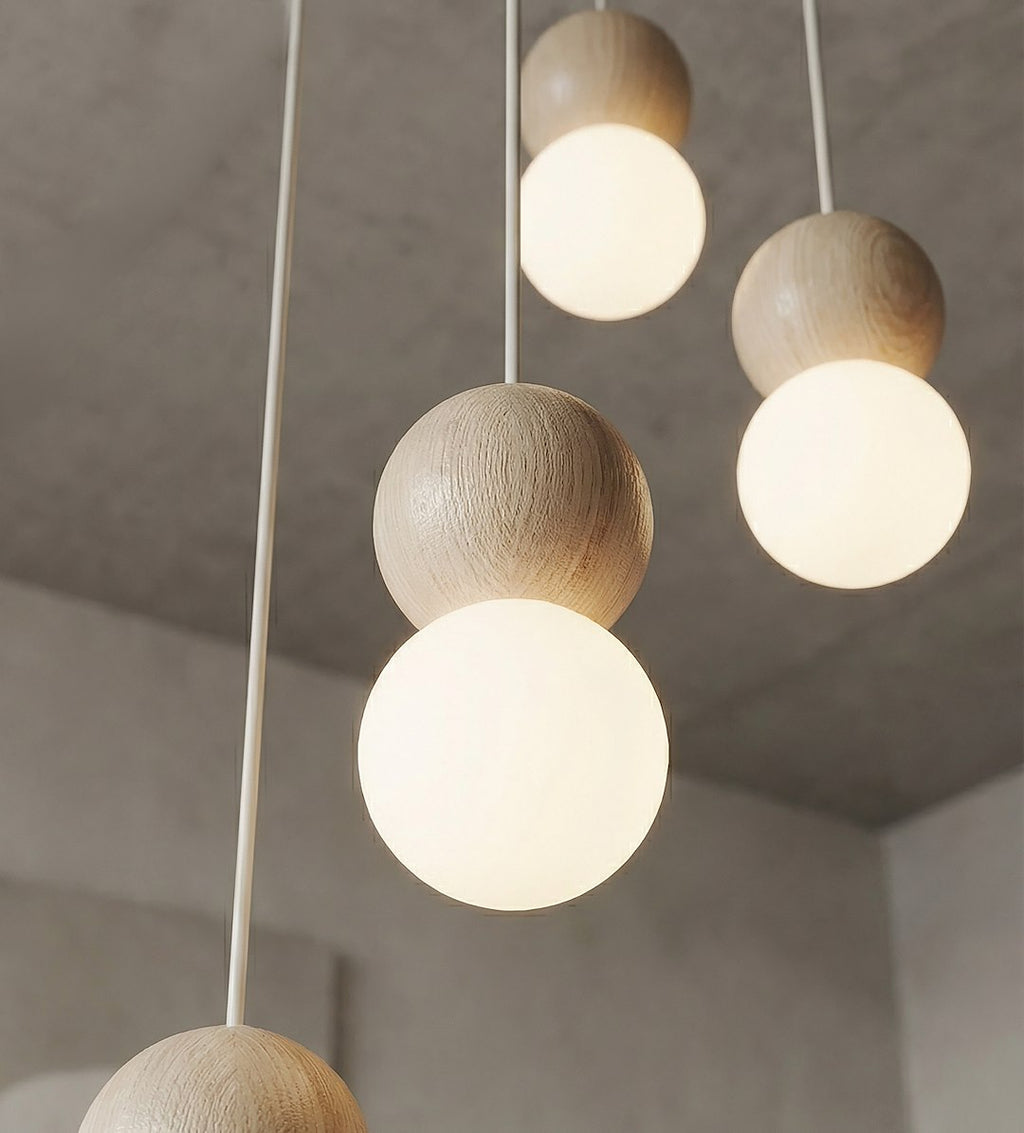 Hanglamp staal en hout Scandinavisch Loop beige, witte kappen, 4 lichts G9, verstelbare hoogte