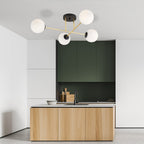 Plafondlamp Magnum gepoedercoat staal en glas, glamour, zwart en goud met witte kappen, 4 lichts, E14