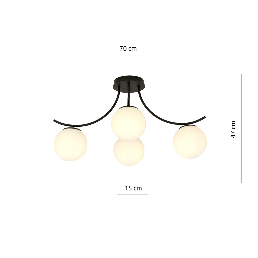 Plafondlamp gepoedercoat staal en glas Boston zwart, witte glazen kappen, 70 x 37 cm, 4 lichts E14