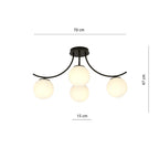 Plafondlamp gepoedercoat staal en glas Boston zwart, witte glazen kappen, 70 x 37 cm, 4 lichts E14