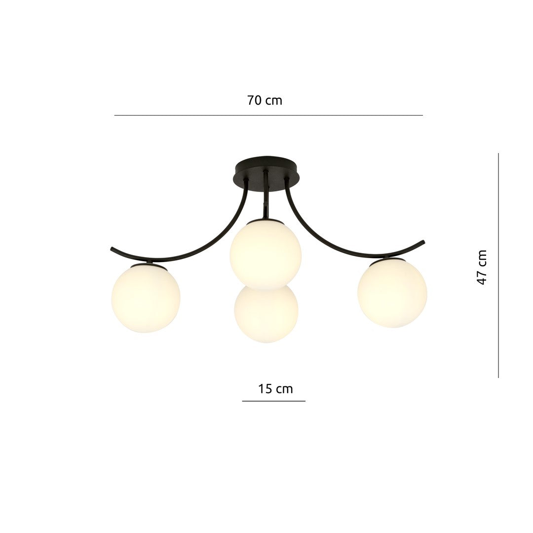 Plafondlamp gepoedercoat staal en glas Boston zwart, witte glazen kappen, 70 x 37 cm, 4 lichts E14