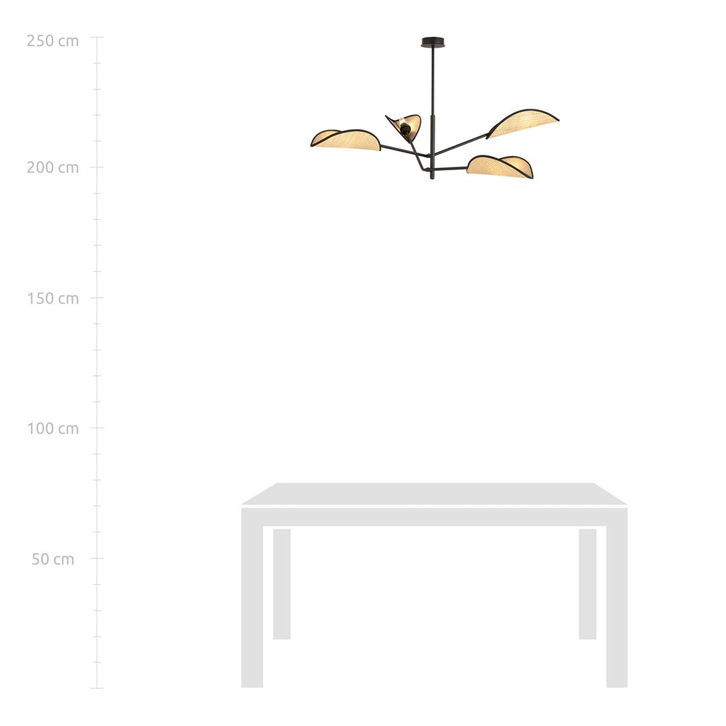 Plafondlamp rotan en gepoedercoat staal Vene, zwart met naturel kappen, 4 lichtpunten, 102 x 51 cm, woonkamer en slaapkamer