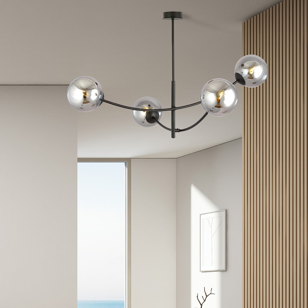 Plafondlamp gepoedercoat staal en glas Hunter, zwart met grafiet glazen kappen, 4 lichts, 89 x 63 cm