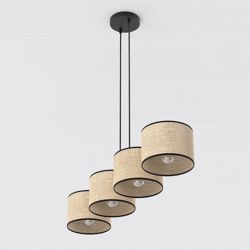 Hanglamp 4 lichts gepoedercoat staal en rotan, minimalistisch Eco, zwart, 96 cm breed, voor kookeiland en eettafel