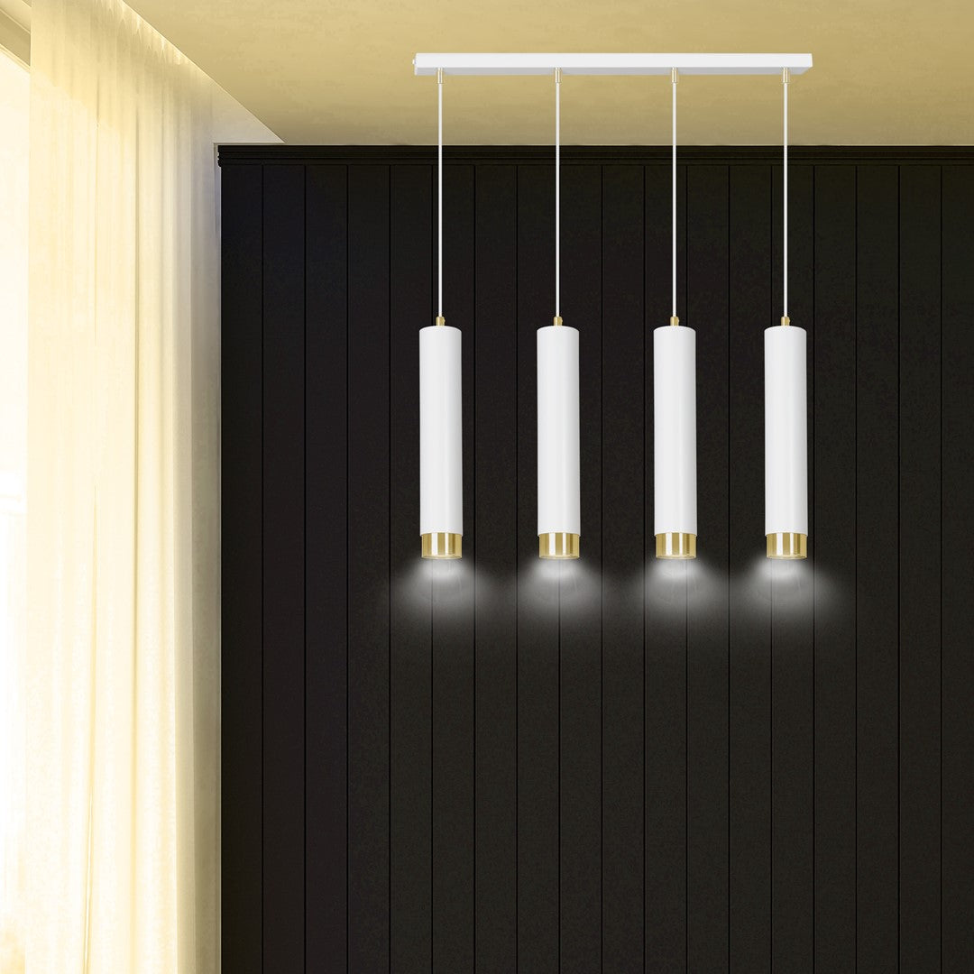 Hanglamp 4 lichts gepoedercoat staal Kibo modern wit met goud, 60 cm breed, voor woonkamer, keuken of werkplek