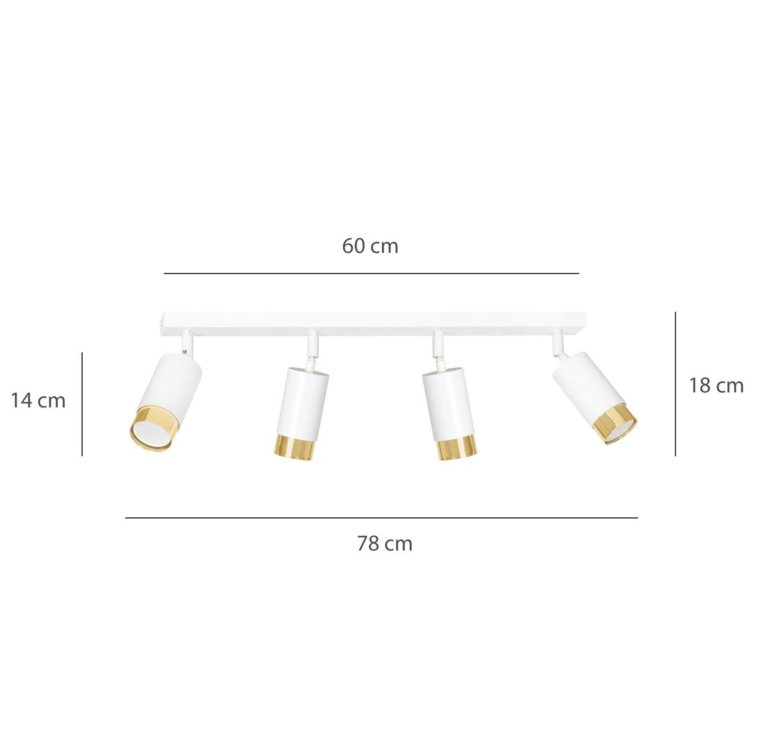 Plafondlamp spots gepoedercoat staal Hiro, wit en goud, 4 lichtpunten, 60 cm breed