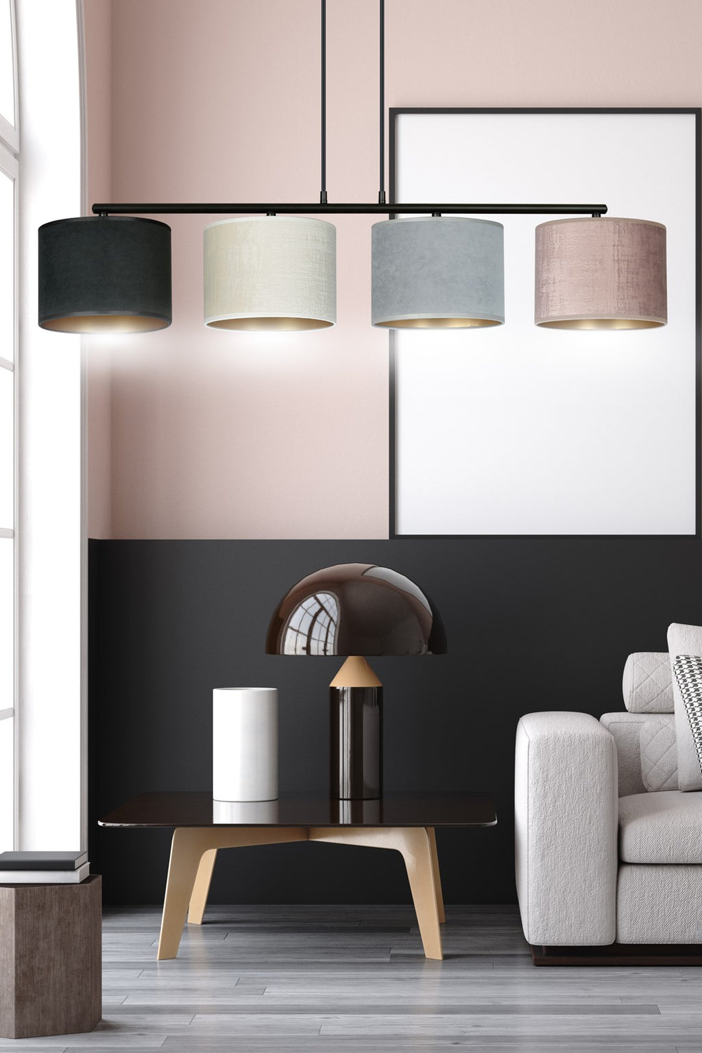 Hanglamp gepoedercoat staal met stoffen kappen Hilde, zwart, grijs, roze, 4 lichts, 97 x 100 cm
