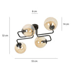 Plafondlamp staal en glas Brendi modern zwart met amber glazen kappen, 4 fittingen E14, 55 cm breed