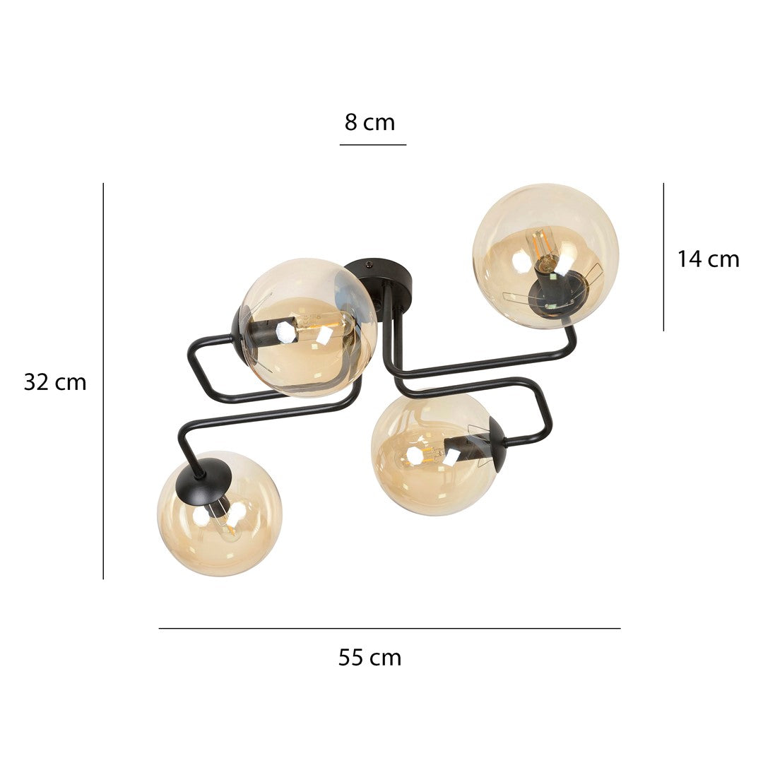 Plafondlamp staal en glas Brendi modern zwart met amber glazen kappen, 4 fittingen E14, 55 cm breed