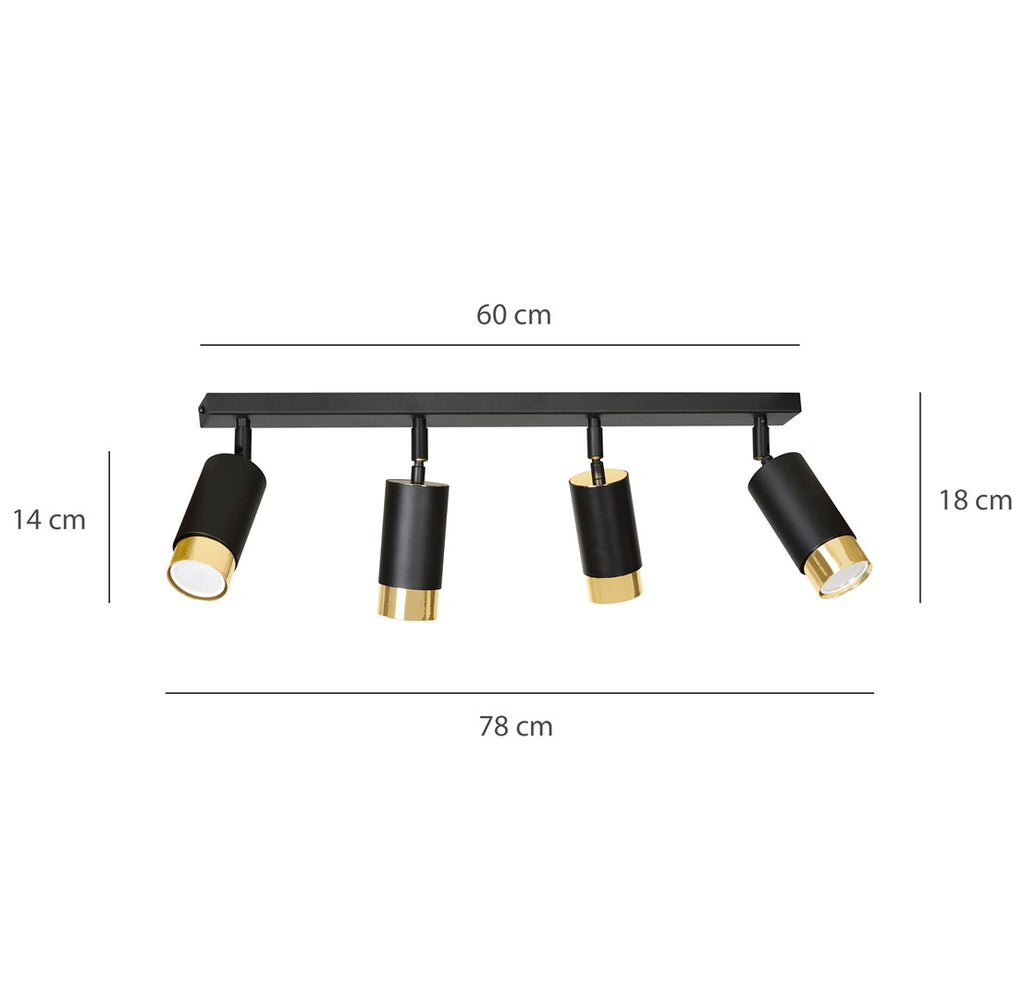 Plafondlamp gepoedercoat staal Hiro zwart en goud, 4 verstelbare spots – 60 cm breed
