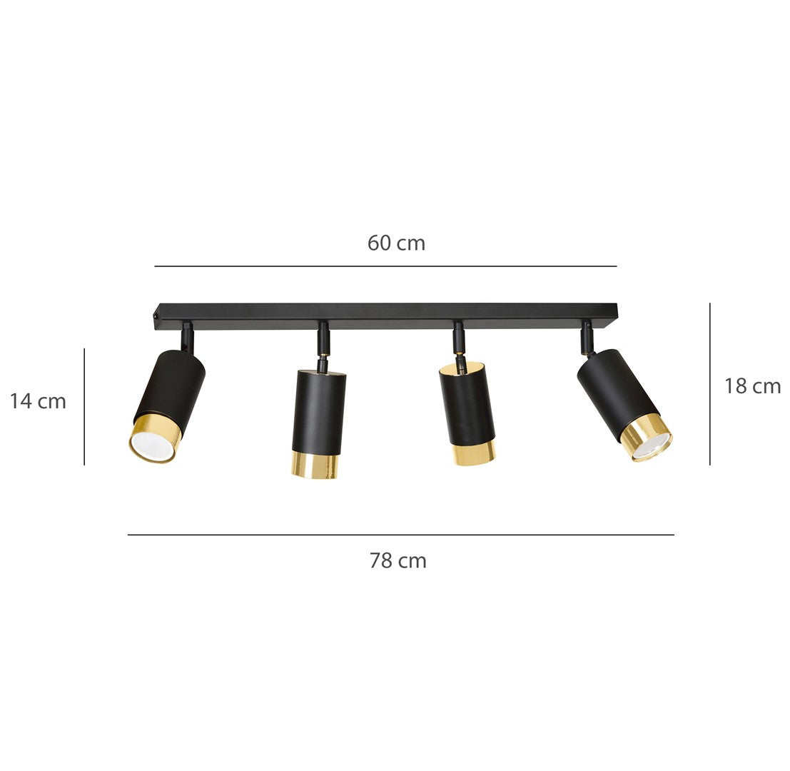 Plafondlamp gepoedercoat staal Hiro zwart en goud, 4 verstelbare spots – 60 cm breed