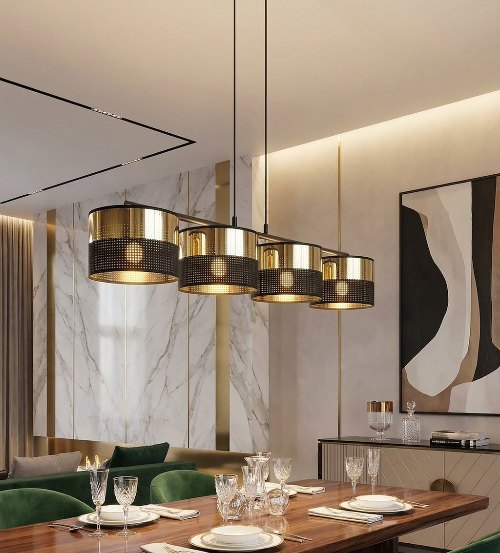 Hanglamp staal modern Lux zwart met goud, 4 lichtpunten, kap Ø 20 cm, breedte 96 cm, boven eettafel of keukeneiland
