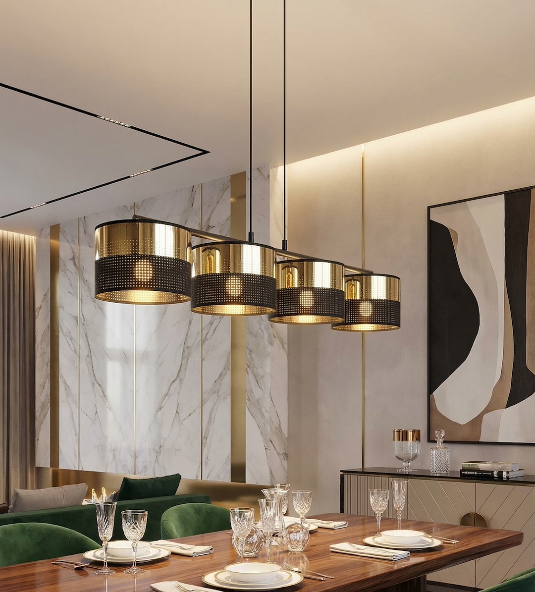 Hanglamp staal modern Lux zwart met goud, 4 lichtpunten, kap Ø 20 cm, breedte 96 cm, boven eettafel of keukeneiland