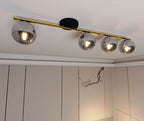 Plafondlamp gepoedercoat staal en glas Monza, zwart en goud met grafiet kappen, 4 lichts, 100 cm breed